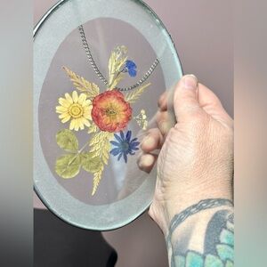 Floral Pressed Glass Art with Chain - vintage handmade